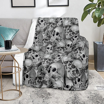 Monochrome Skull Flowers Pattern Print Blanket