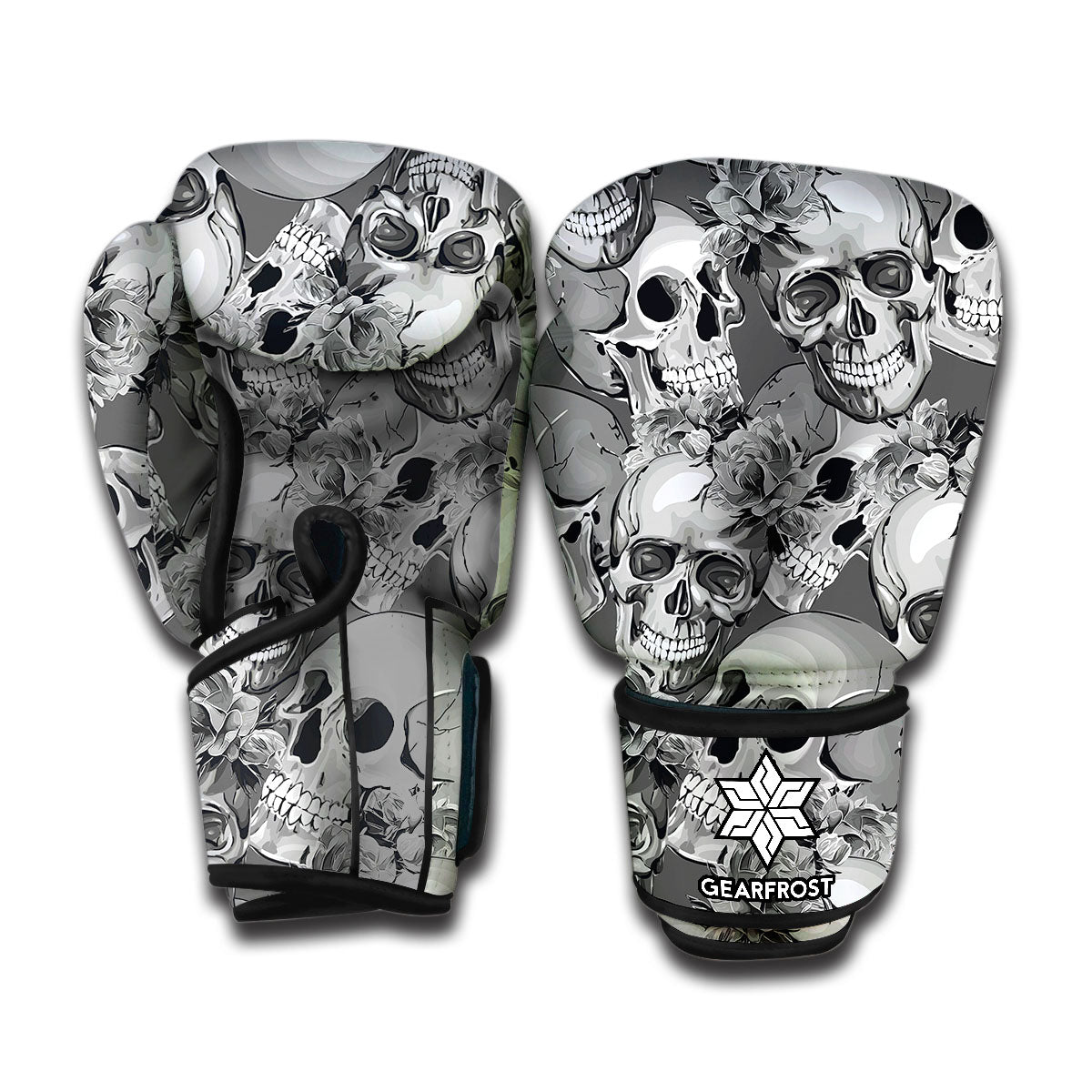 Monochrome Skull Flowers Pattern Print Boxing Gloves