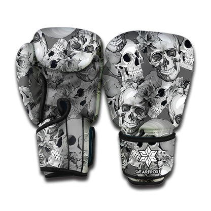 Monochrome Skull Flowers Pattern Print Boxing Gloves