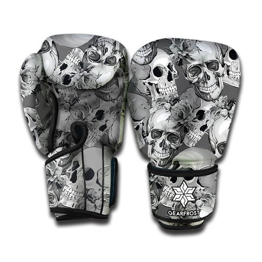 Monochrome Skull Flowers Pattern Print Boxing Gloves