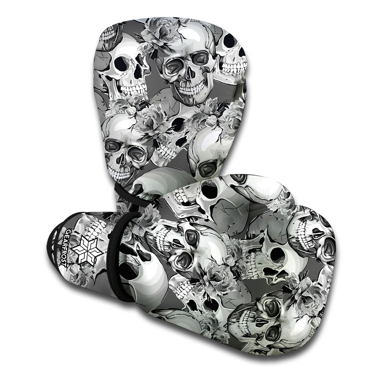 Monochrome Skull Flowers Pattern Print Boxing Gloves