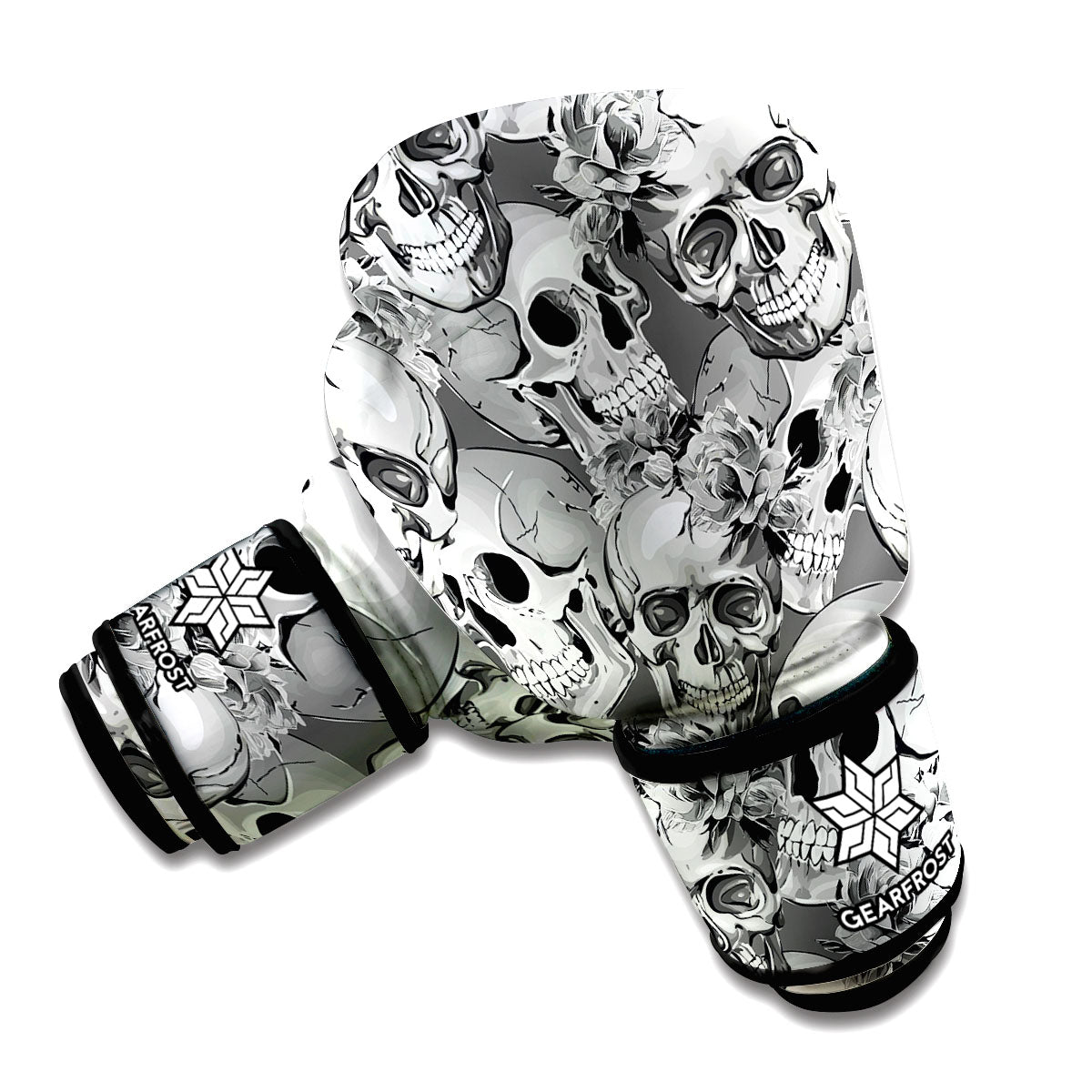 Monochrome Skull Flowers Pattern Print Boxing Gloves