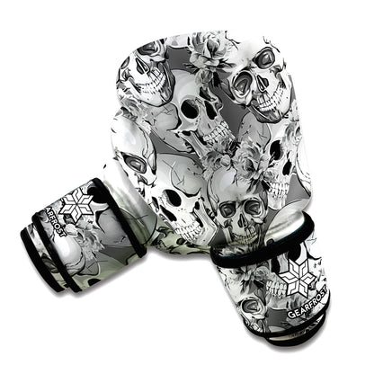 Monochrome Skull Flowers Pattern Print Boxing Gloves