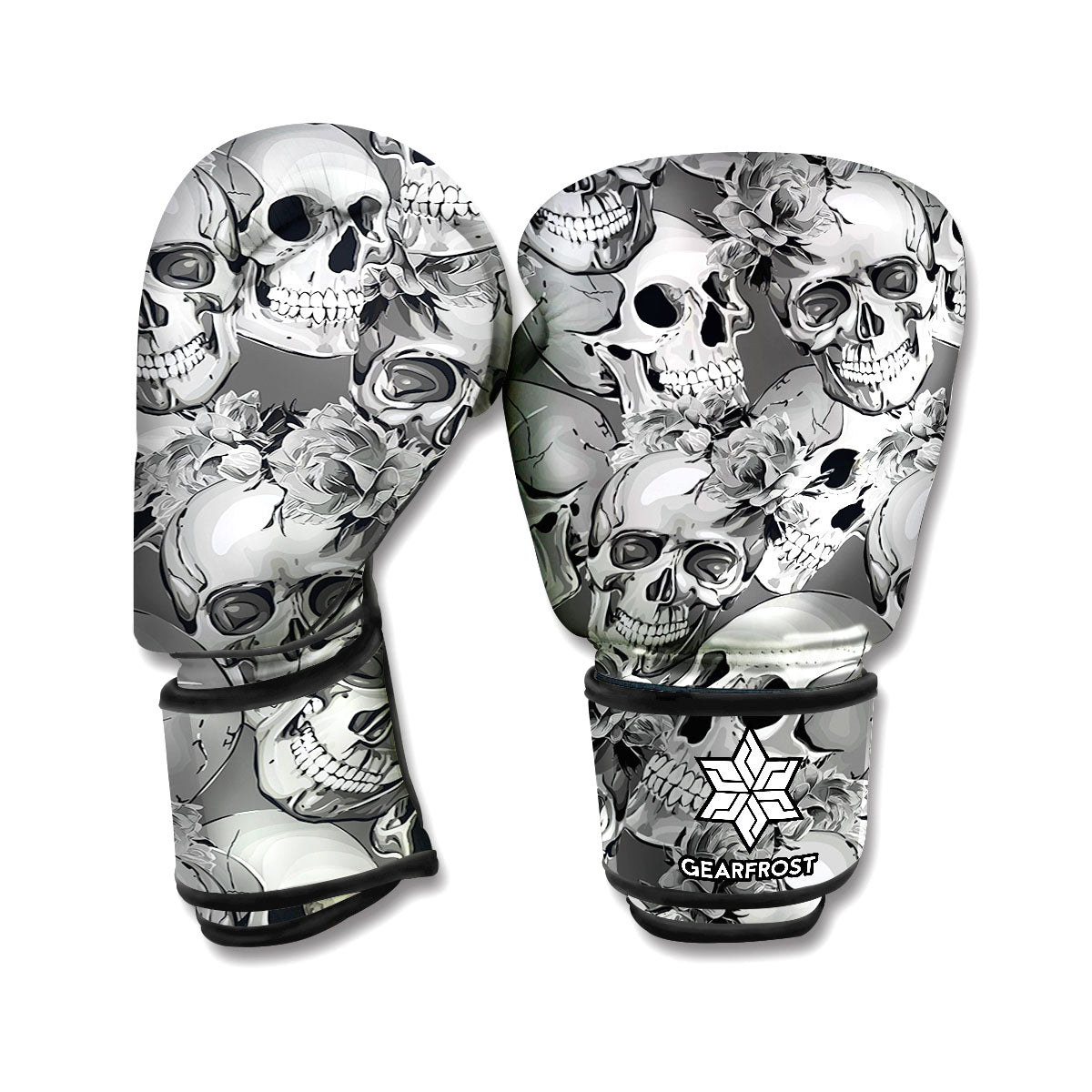 Monochrome Skull Flowers Pattern Print Boxing Gloves