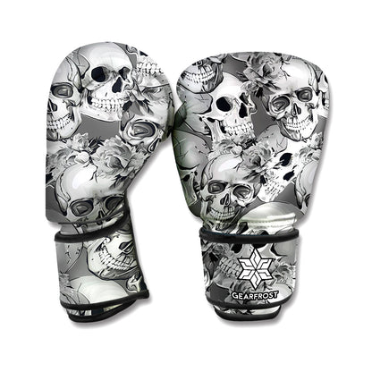 Monochrome Skull Flowers Pattern Print Boxing Gloves