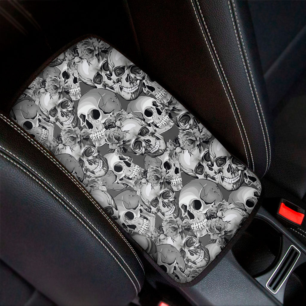 Monochrome Skull Flowers Pattern Print Car Center Console Cover