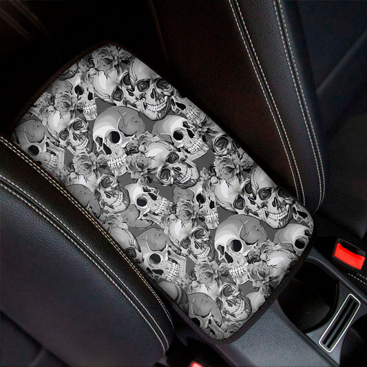 Monochrome Skull Flowers Pattern Print Car Center Console Cover