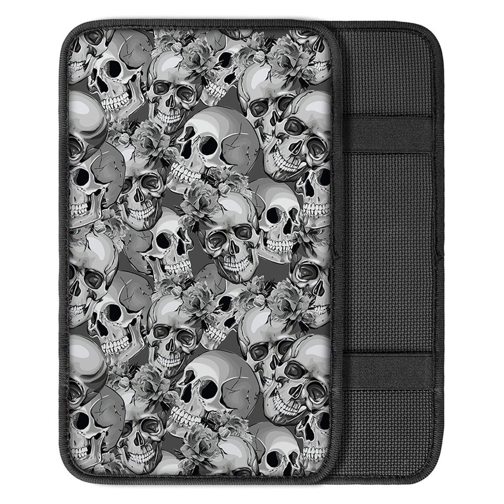 Monochrome Skull Flowers Pattern Print Car Center Console Cover