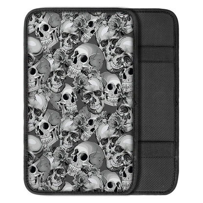 Monochrome Skull Flowers Pattern Print Car Center Console Cover