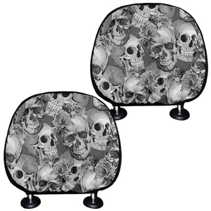 Monochrome Skull Flowers Pattern Print Car Headrest Covers