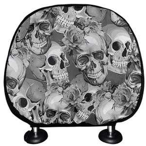 Monochrome Skull Flowers Pattern Print Car Headrest Covers