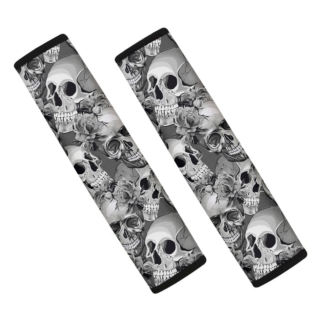 Monochrome Skull Flowers Pattern Print Car Seat Belt Covers