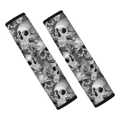 Monochrome Skull Flowers Pattern Print Car Seat Belt Covers