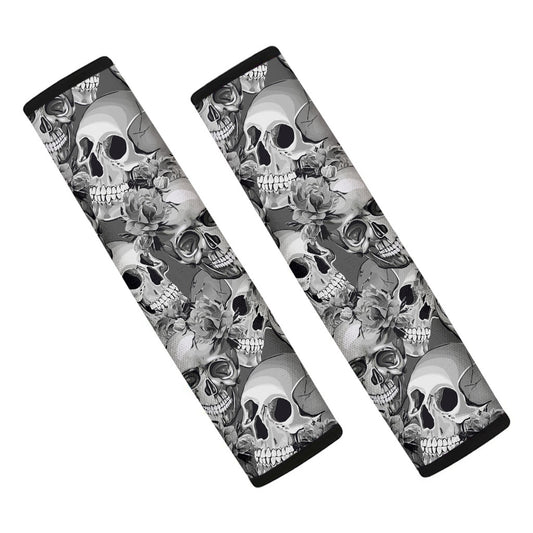Monochrome Skull Flowers Pattern Print Car Seat Belt Covers
