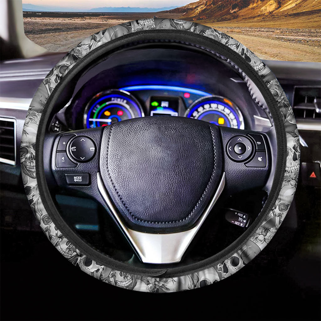 Monochrome Skull Flowers Pattern Print Car Steering Wheel Cover