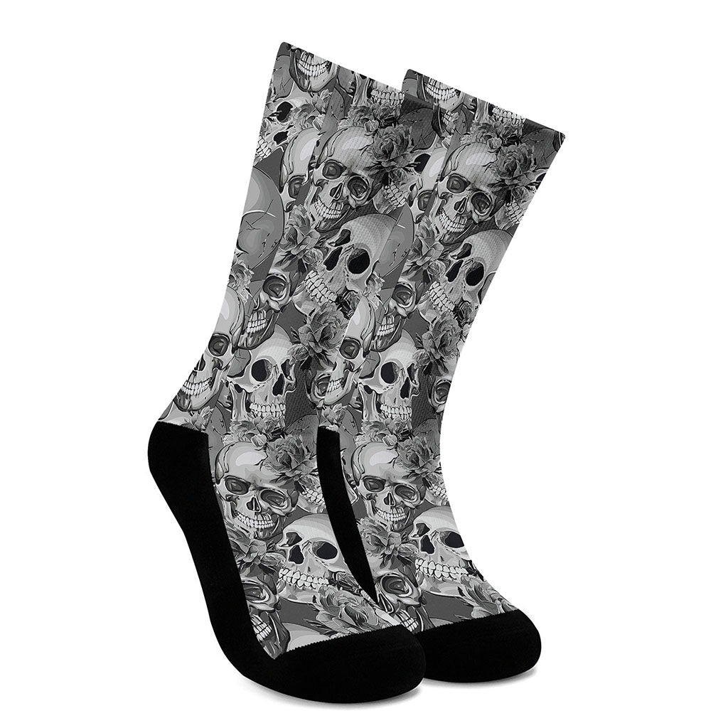 Monochrome Skull Flowers Pattern Print Crew Socks