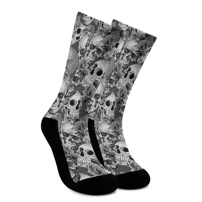 Monochrome Skull Flowers Pattern Print Crew Socks