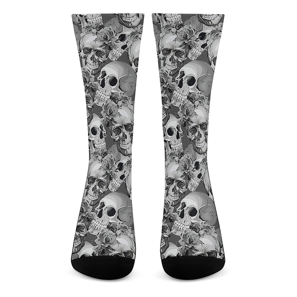 Monochrome Skull Flowers Pattern Print Crew Socks