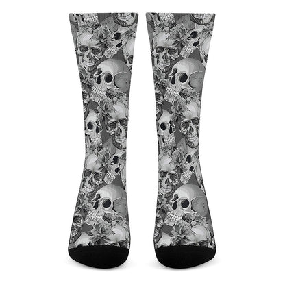 Monochrome Skull Flowers Pattern Print Crew Socks