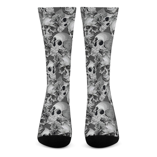 Monochrome Skull Flowers Pattern Print Crew Socks