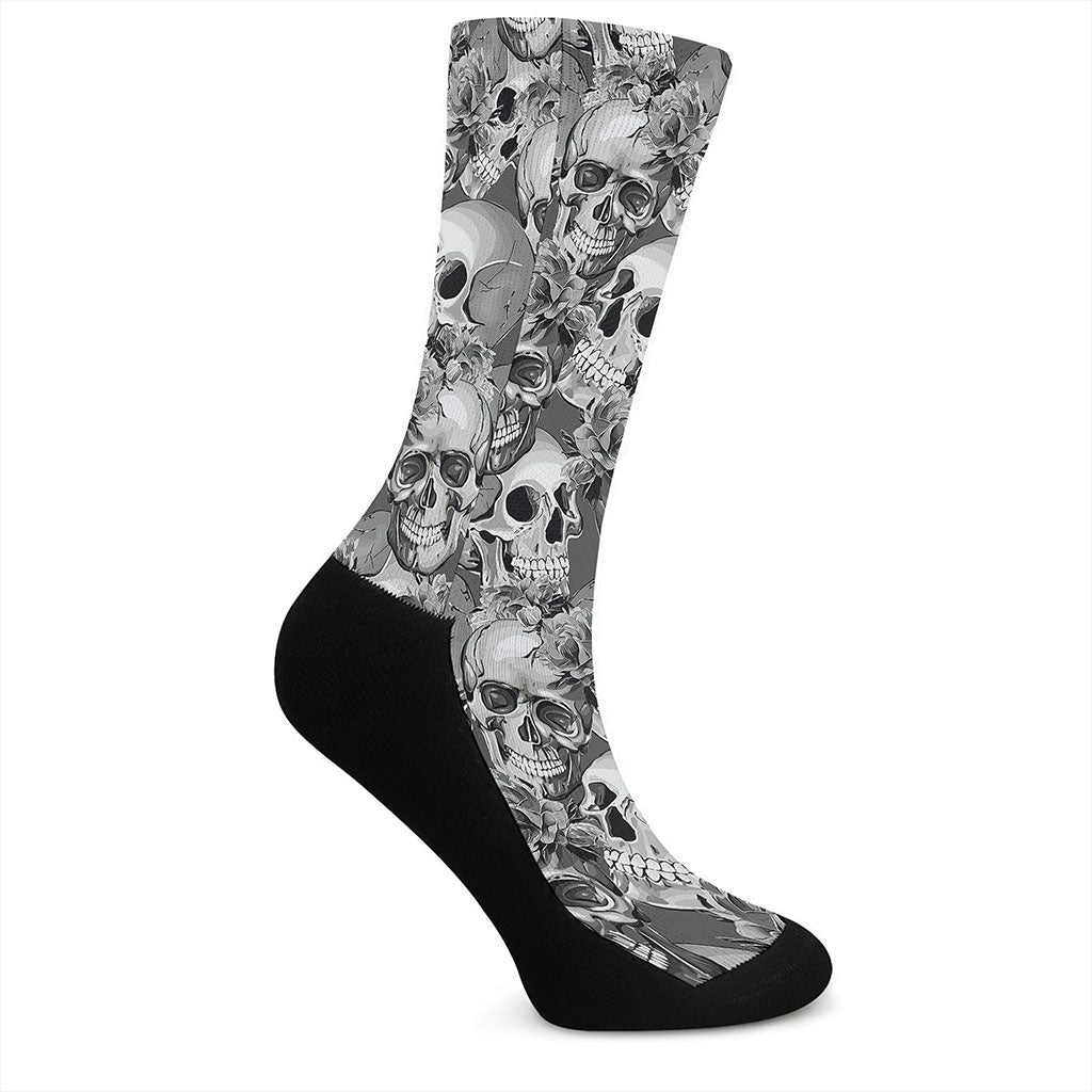 Monochrome Skull Flowers Pattern Print Crew Socks