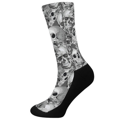 Monochrome Skull Flowers Pattern Print Crew Socks