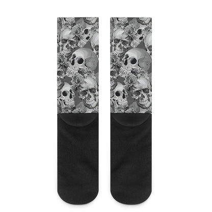 Monochrome Skull Flowers Pattern Print Crew Socks