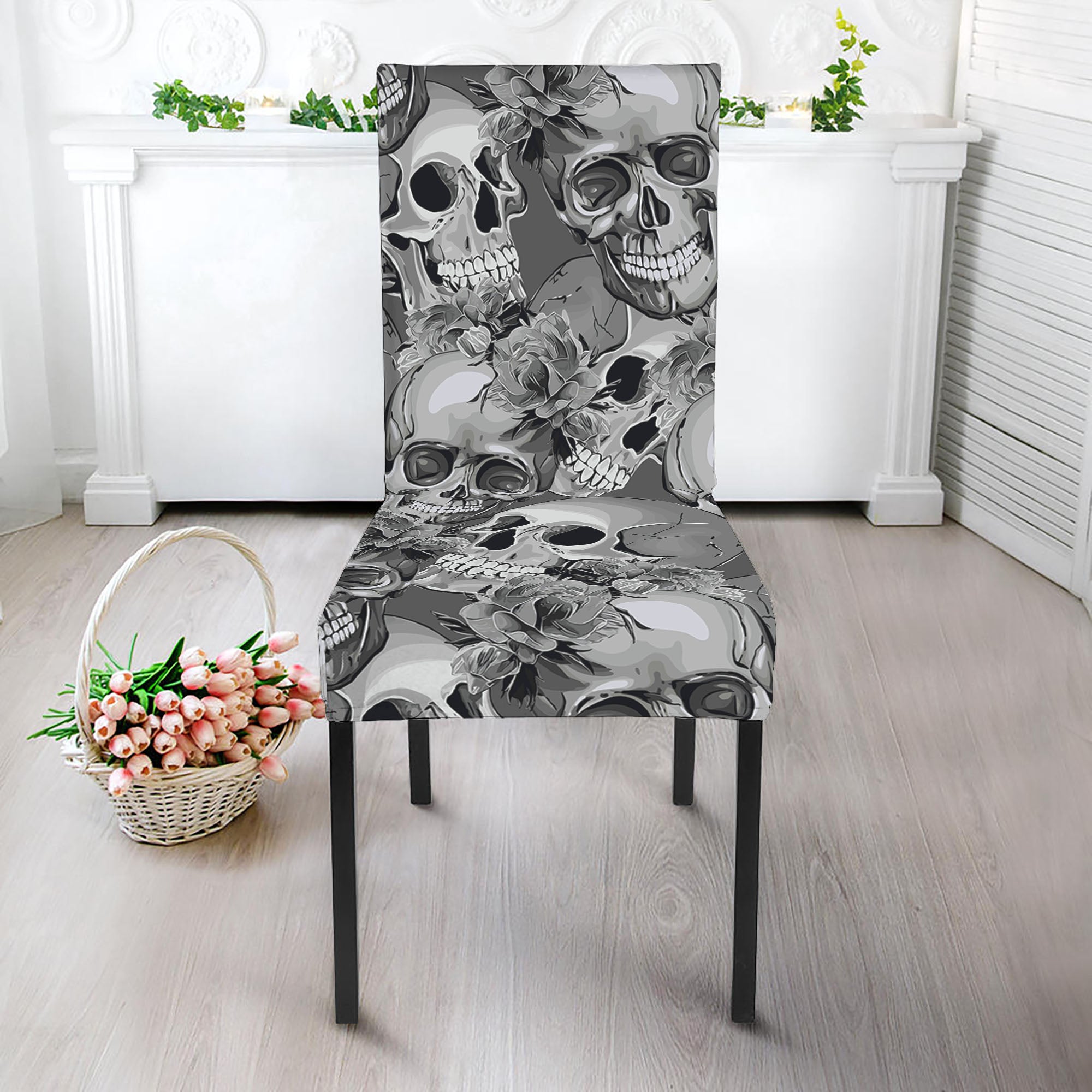 Monochrome Skull Flowers Pattern Print Dining Chair Slipcover