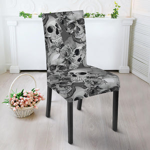 Monochrome Skull Flowers Pattern Print Dining Chair Slipcover