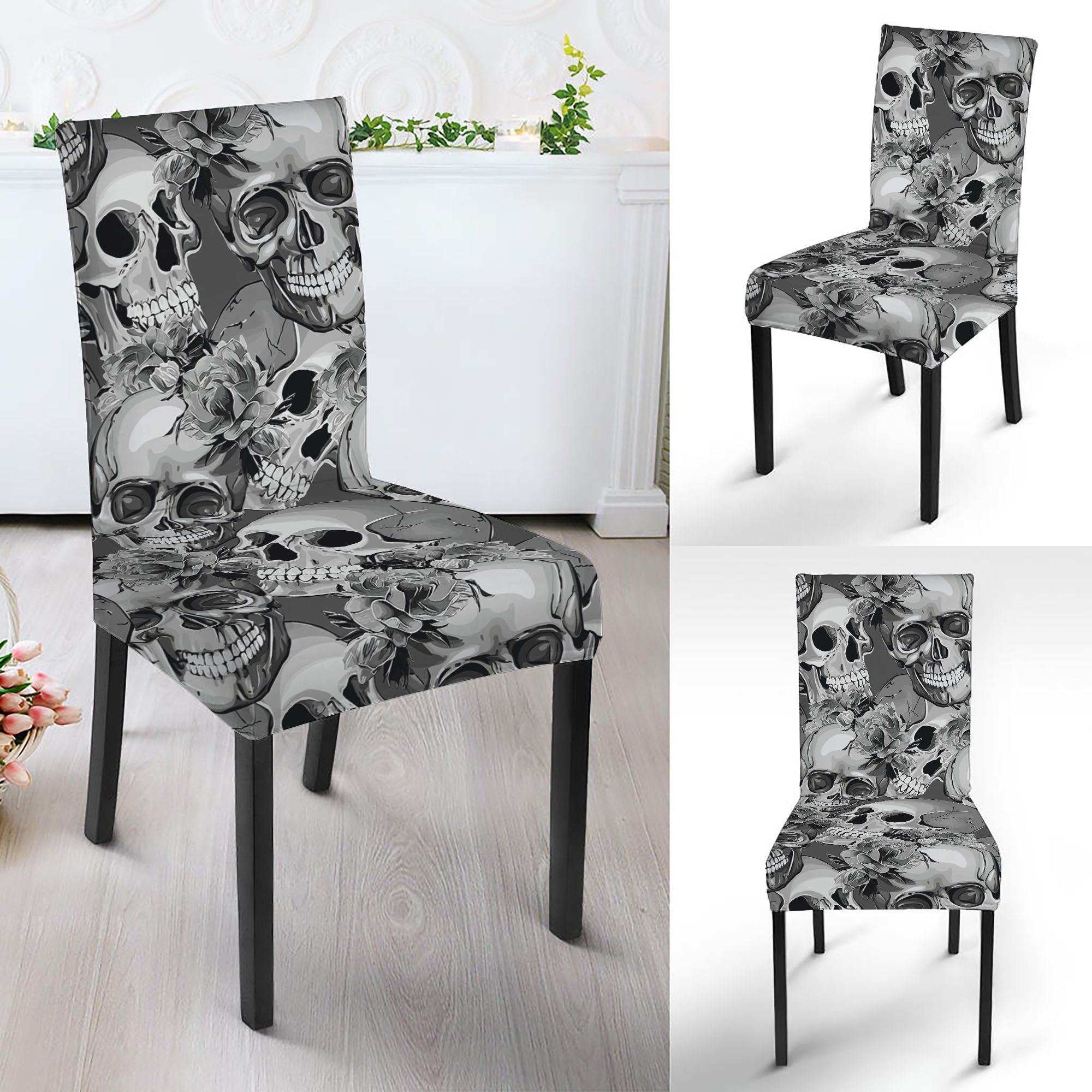 Monochrome Skull Flowers Pattern Print Dining Chair Slipcover