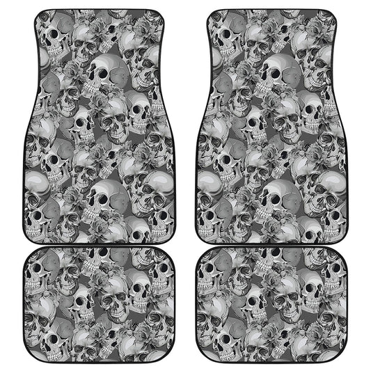 Monochrome Skull Flowers Pattern Print Front and Back Car Floor Mats