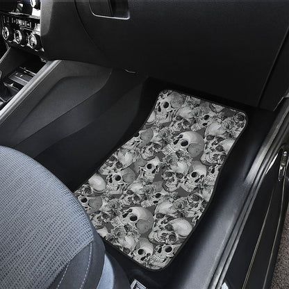 Monochrome Skull Flowers Pattern Print Front and Back Car Floor Mats