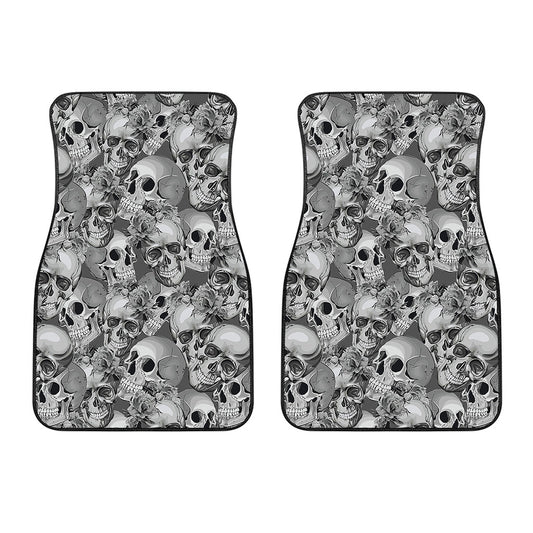 Monochrome Skull Flowers Pattern Print Front Car Floor Mats