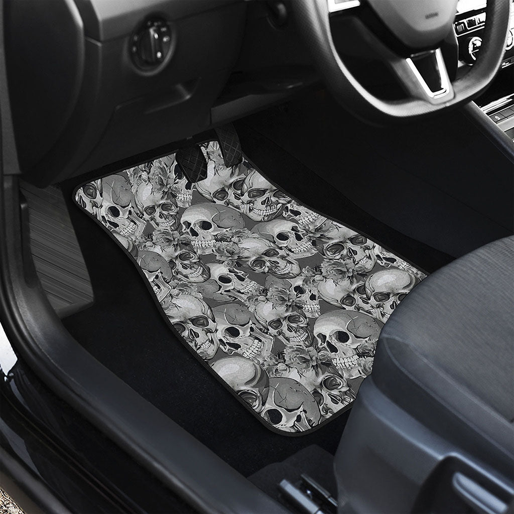 Monochrome Skull Flowers Pattern Print Front Car Floor Mats
