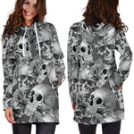 Monochrome Skull Flowers Pattern Print Hoodie Dress GearFrost