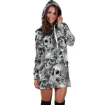 Monochrome Skull Flowers Pattern Print Hoodie Dress GearFrost