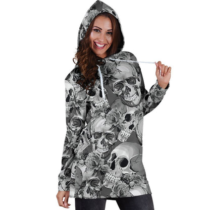 Monochrome Skull Flowers Pattern Print Hoodie Dress GearFrost