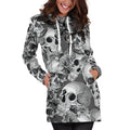 Monochrome Skull Flowers Pattern Print Pullover Hoodie Dress