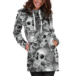 Monochrome Skull Flowers Pattern Print Hoodie Dress GearFrost