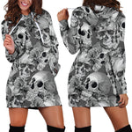 Monochrome Skull Flowers Pattern Print Hoodie Dress GearFrost