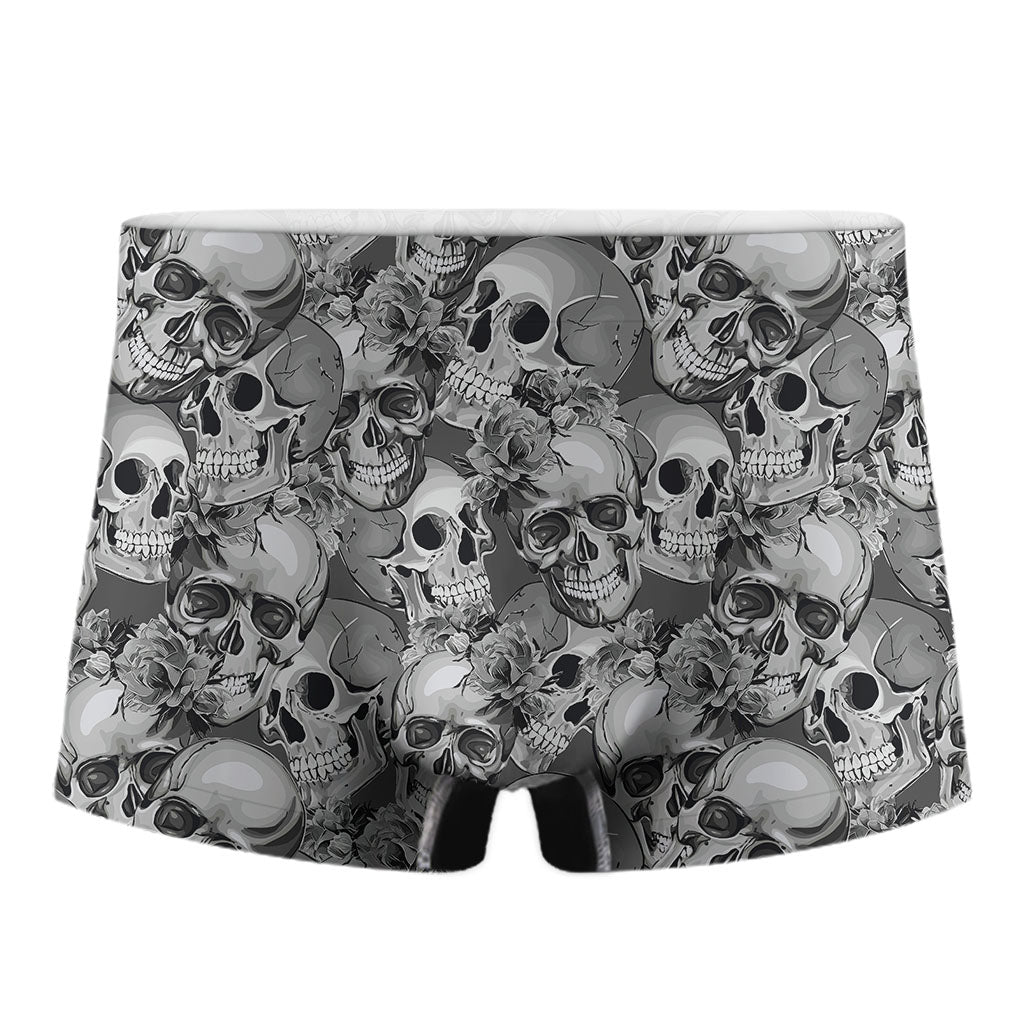 Monochrome Skull Flowers Pattern Print Men's Boxer Briefs
