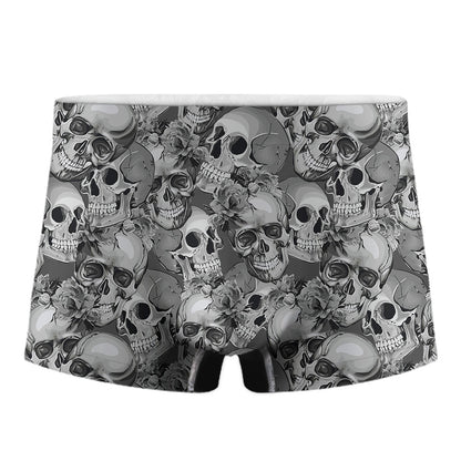 Monochrome Skull Flowers Pattern Print Men's Boxer Briefs