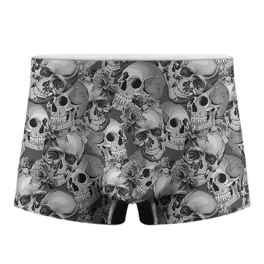 Monochrome Skull Flowers Pattern Print Men's Boxer Briefs
