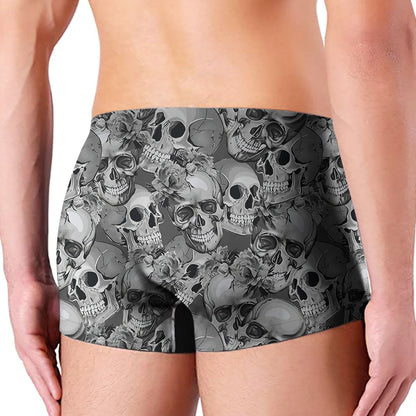Monochrome Skull Flowers Pattern Print Men's Boxer Briefs