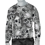 Monochrome Skull Flowers Pattern Print Men's Crewneck Sweatshirt GearFrost