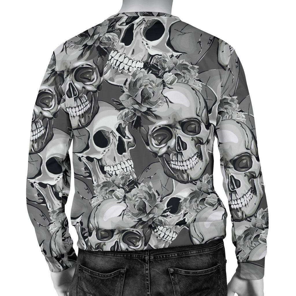 Monochrome Skull Flowers Pattern Print Men's Crewneck Sweatshirt GearFrost