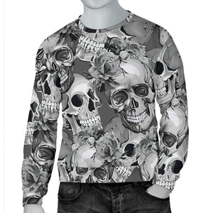 Monochrome Skull Flowers Pattern Print Men's Crewneck Sweatshirt GearFrost