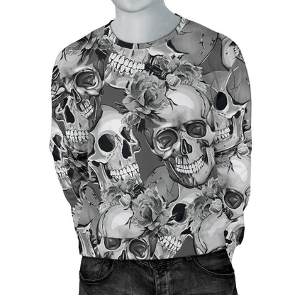 Monochrome Skull Flowers Pattern Print Men's Crewneck Sweatshirt GearFrost