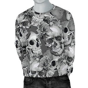 Monochrome Skull Flowers Pattern Print Men's Crewneck Sweatshirt GearFrost