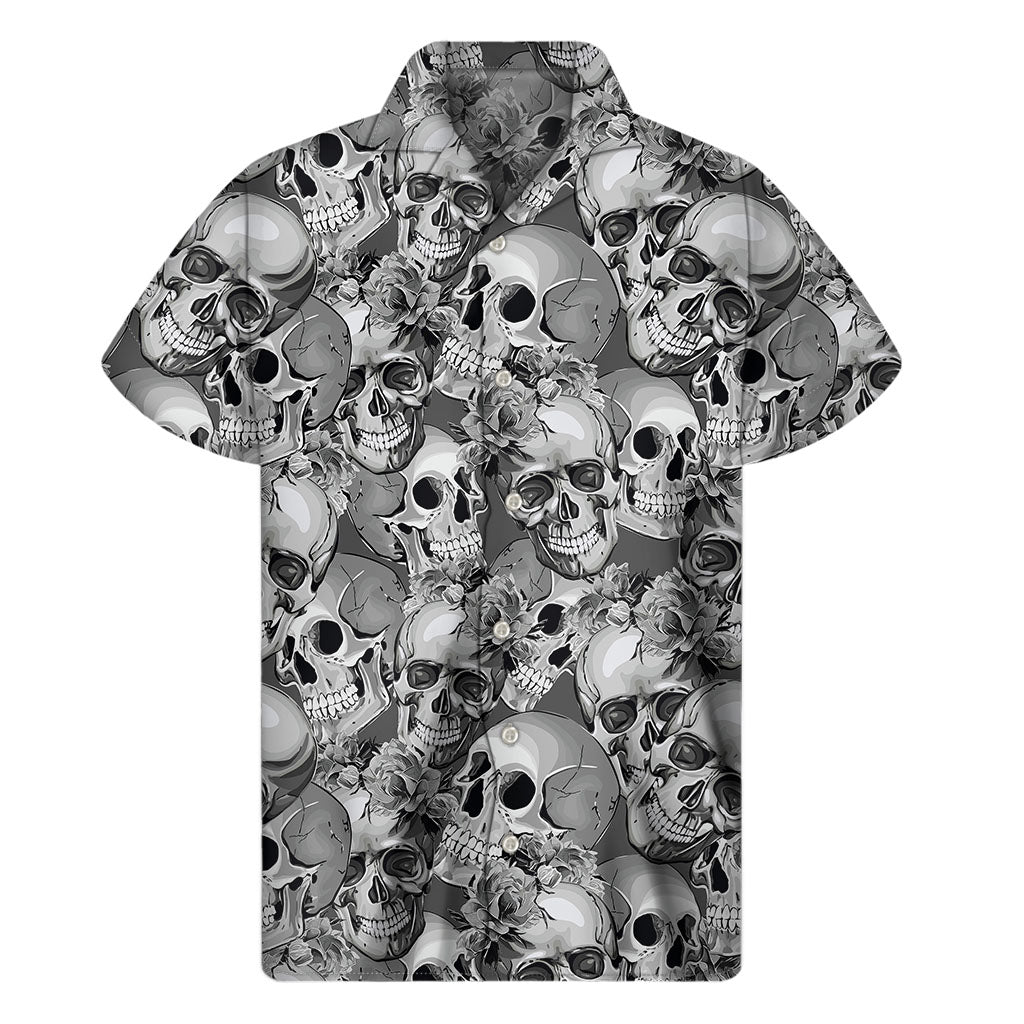 Monochrome Skull Flowers Pattern Print Men's Short Sleeve Shirt